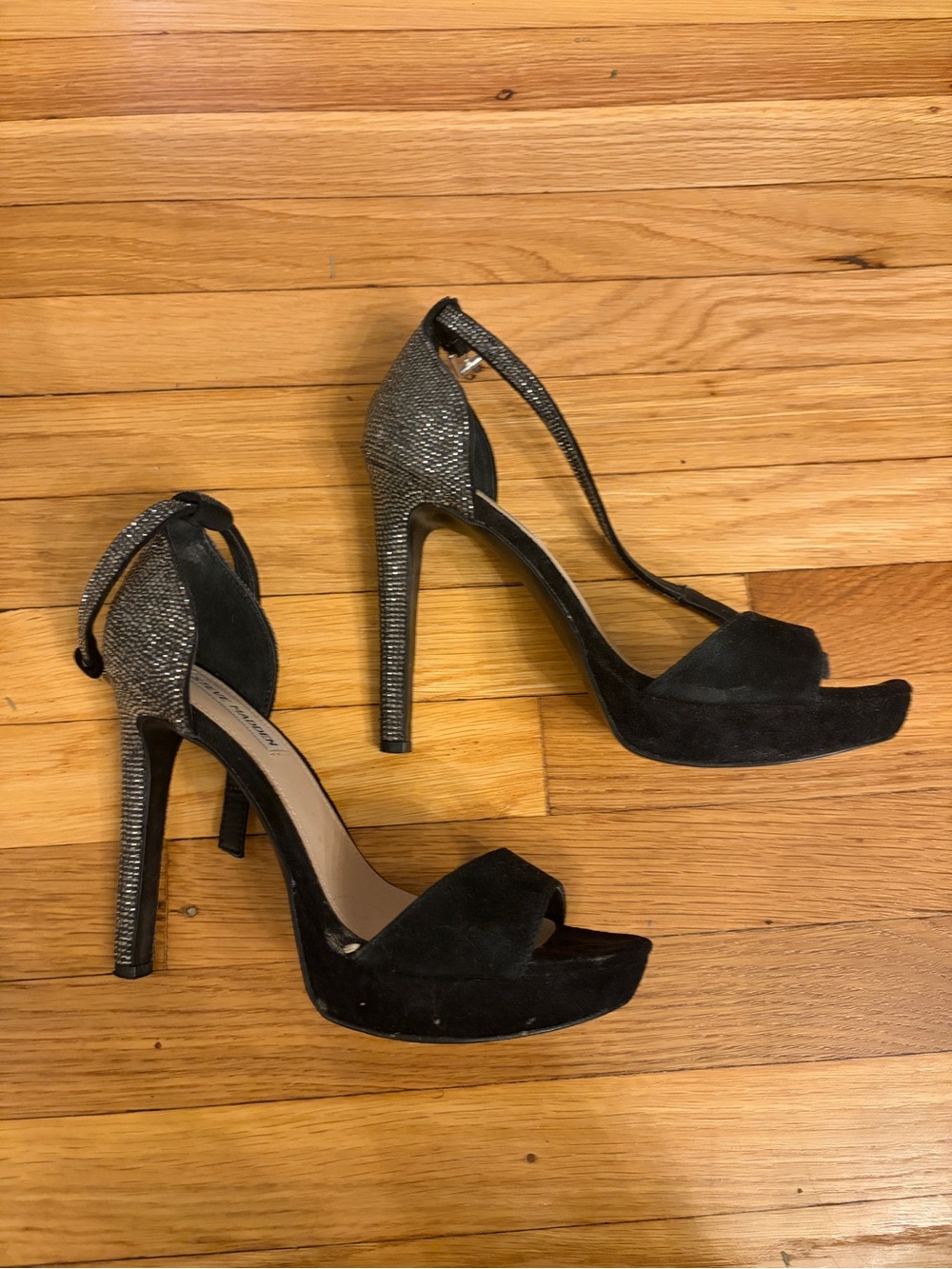 Black Suede Crystal Rhinstone Platform Ankle-Strap High Heels Steve Madden